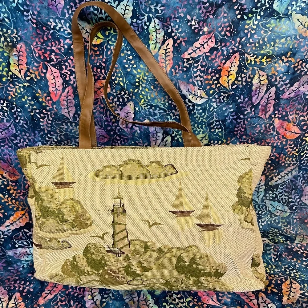 Vintage Lighthouse and sailboat tapestry bag Large
